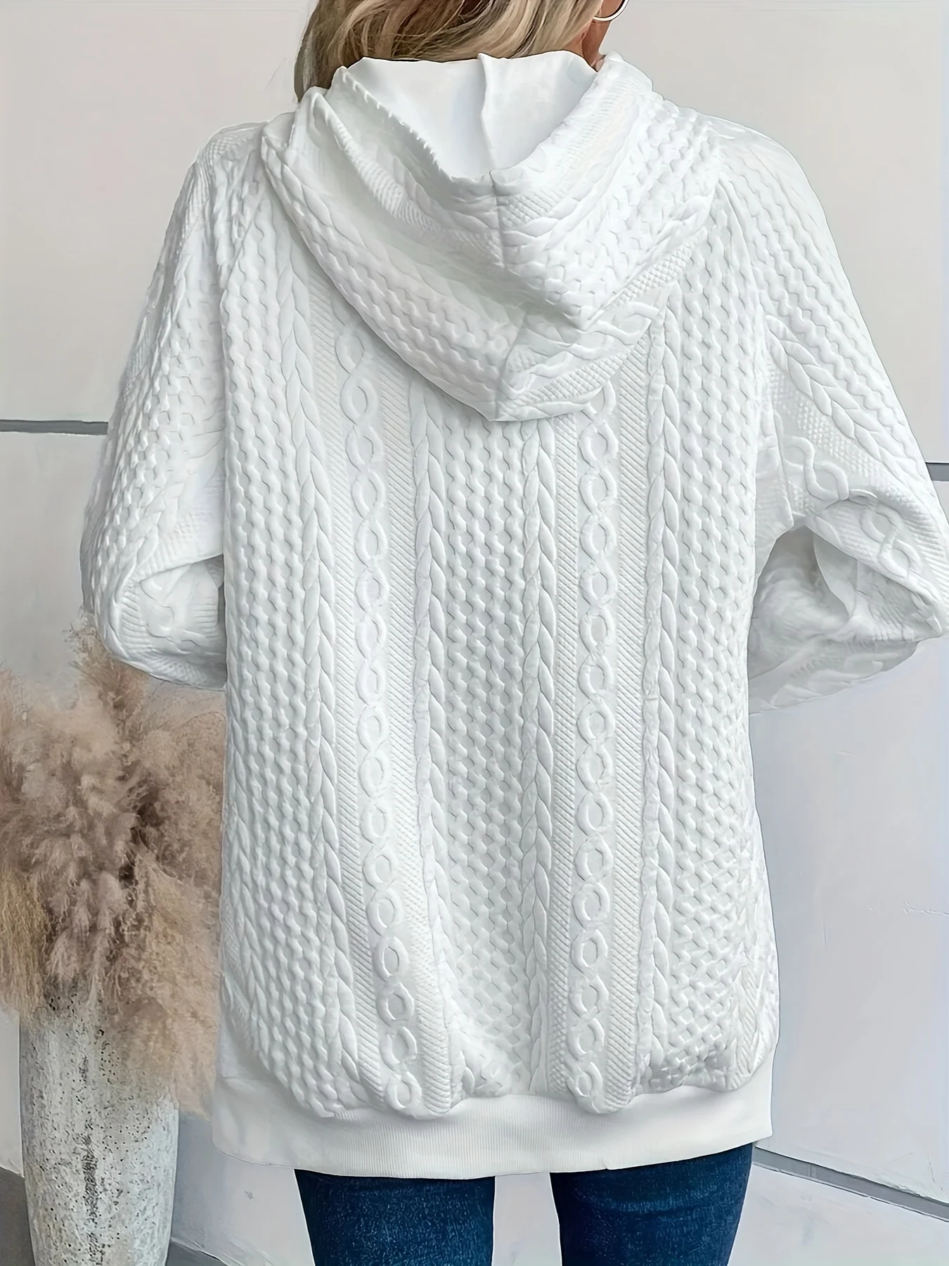 Plus size moletom com capuz feminino casual sólido cabo malha manga longa botão bolso frontal moletom com capuz