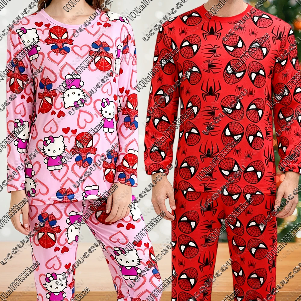 スパイダーマン&ハローキティ長袖+パジャマパンツ快適なストレッチ女性のパジャマスーツカップルホームパジャマホーム服