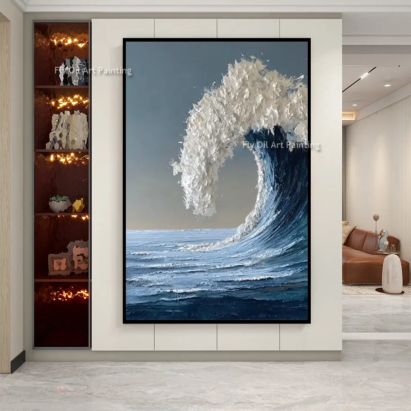 Raised Textured Sea Wave Wall Art, Hand‑Crafted Heavy‑Paint Oil Canvas, Dramatic Blue Coastal Contemporary Home Statement Piece