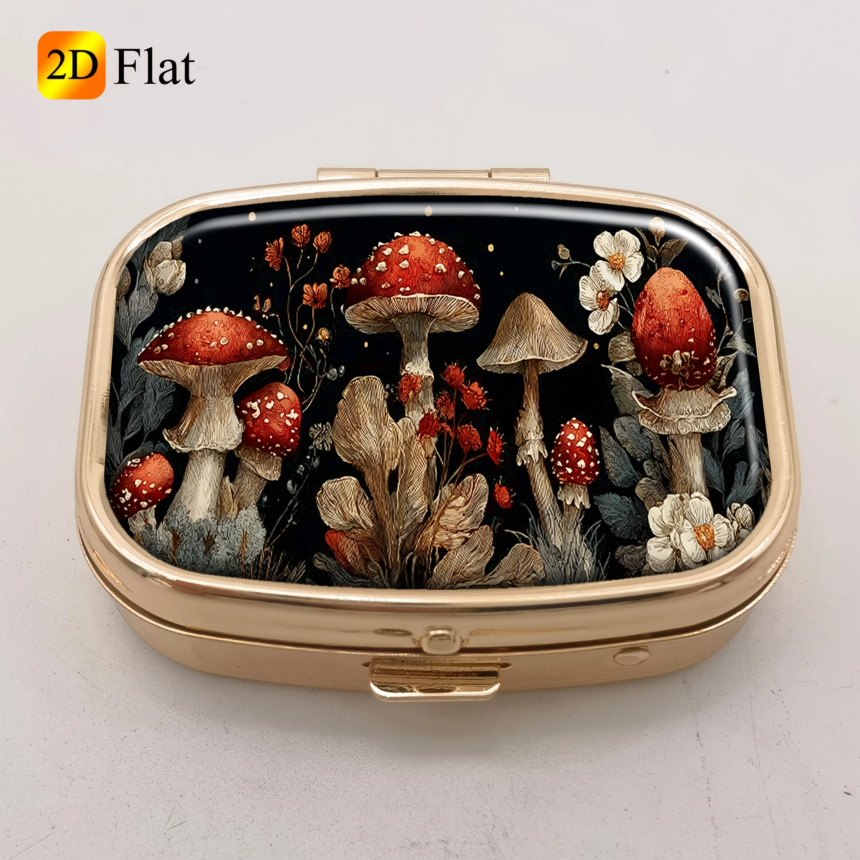 Flat Mysterious Mushroom Garden Art Portable Pill Organizer, Vitamin, Fish Oil, and Supplement Storage Box, Small Travel Daily Use Container