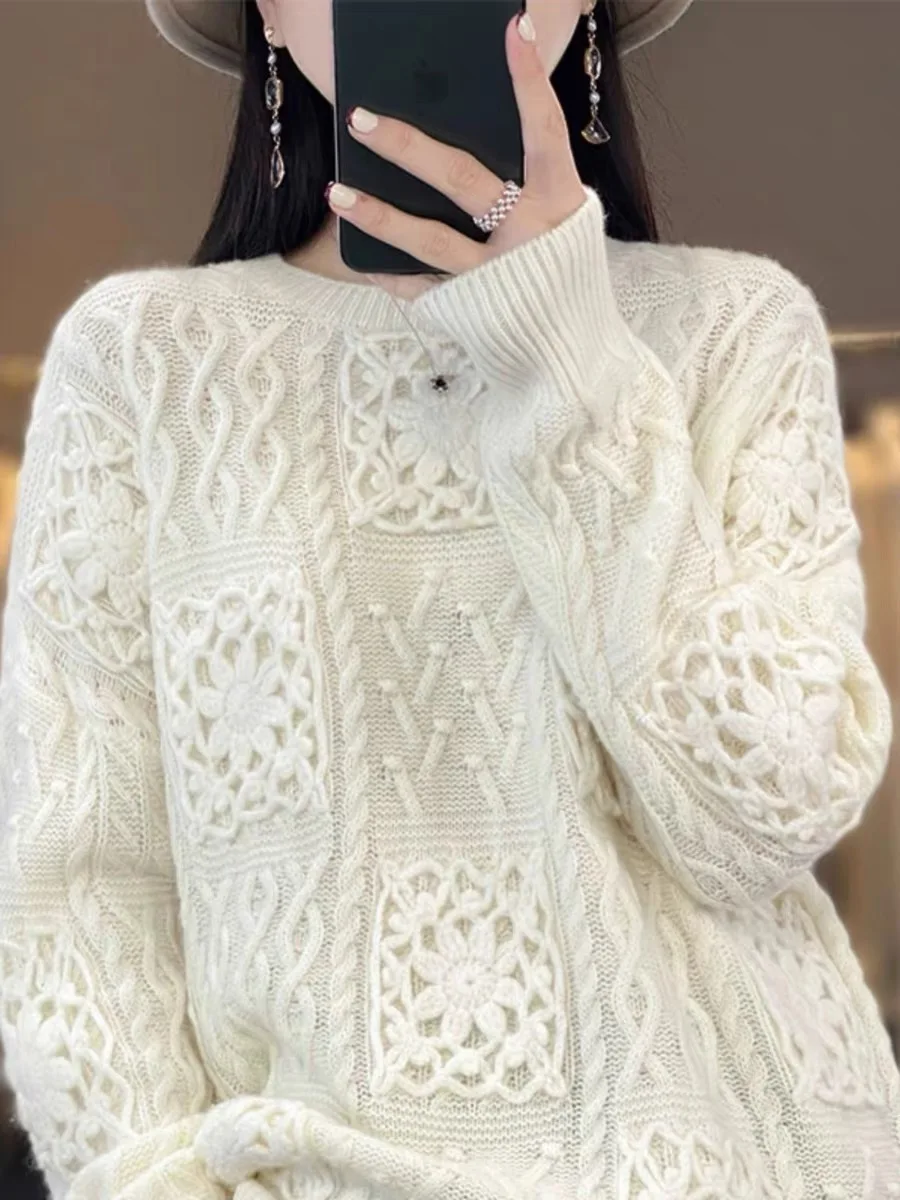 Y2k Cashmere Hollow out Loose fit Women\'s Sweater 100% Merino Wool Fashion Thickening Pullover Oversized Top Female 2023 New