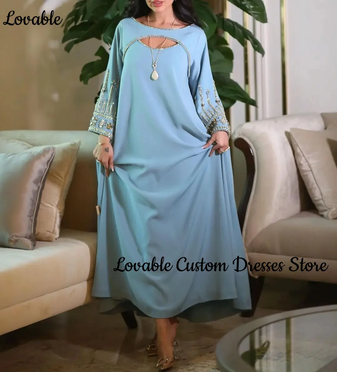 Customized فساتين سهرة 2025 Luxury Column Scoop Neckline Floor-Length Dresses For Prom Beadings Zipper Up Long Sleeves Evening