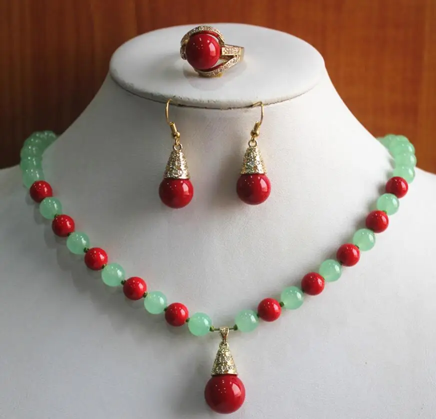 

party! Wholesale Women's 8mm green Natural jade mixed red coral Necklace earring ring(7/8/9) jewelry set