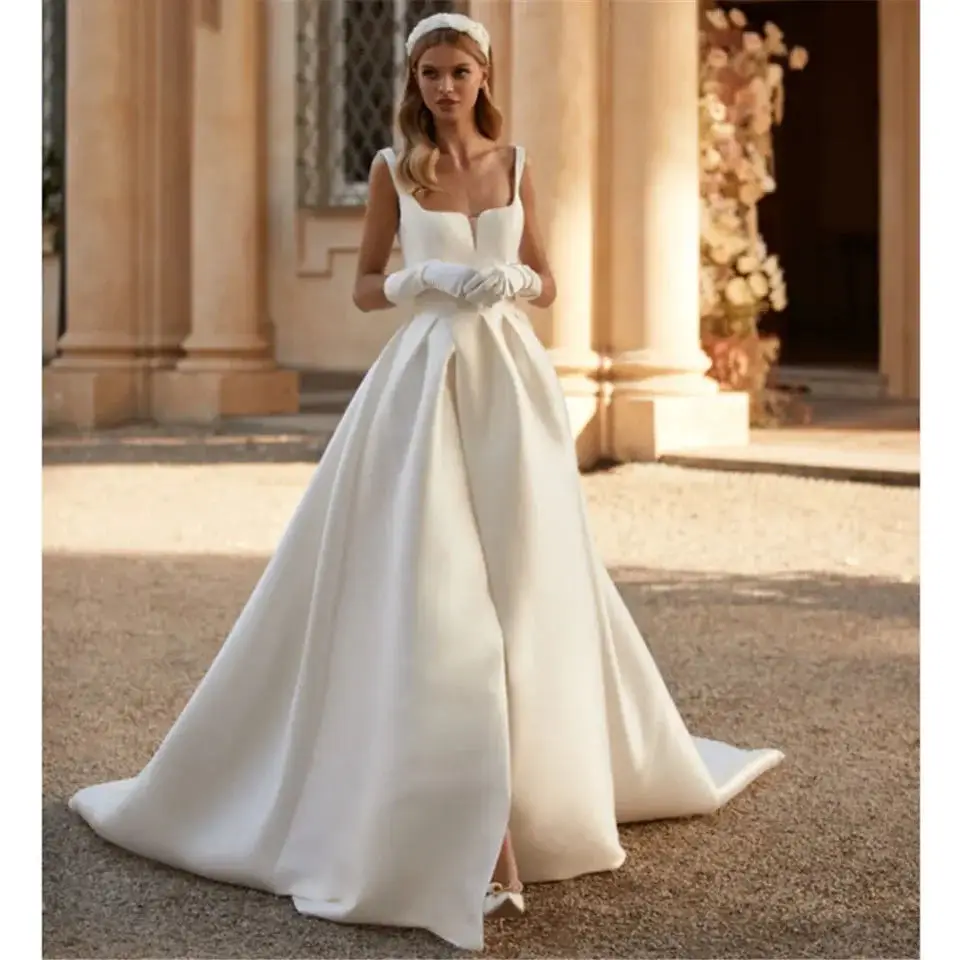 

Custom Made Sleeveless A-Line Wedding Dress 2024 Square Collar Court Train Princess Bride Gown Plus Size Vestido De Novia