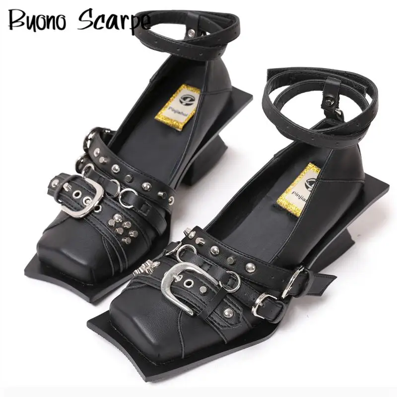 

Sweet Punk Style Metal Decoration Square Toe Ankle Strap Women Pumps High Heels Solid Color Y2K Fashion Retro Western Sexy Shoes