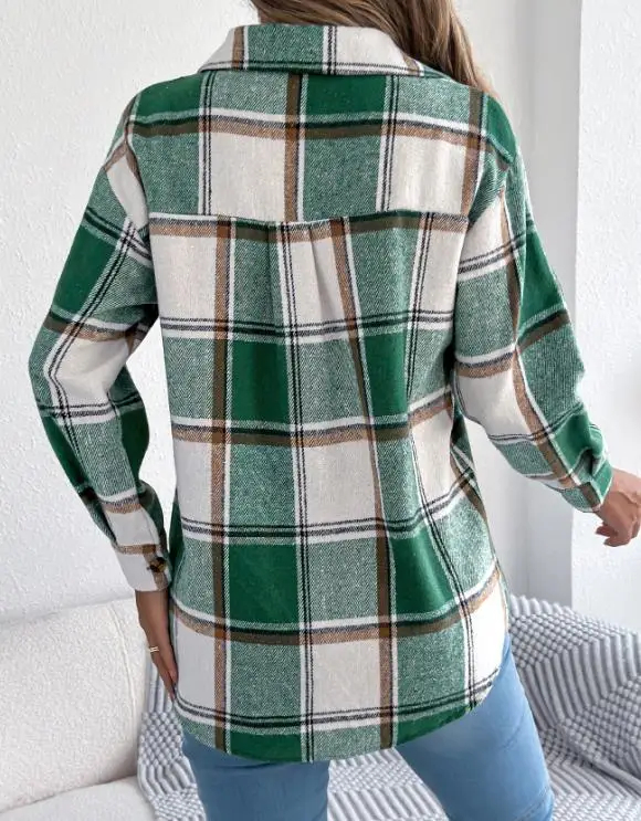 

Женская куртка на осень и зиму, повседневная клетчатая шерстяная куртка средней длины с искусственным карманом и длинными рукавами, модная повседневная куртка в стиле ретро