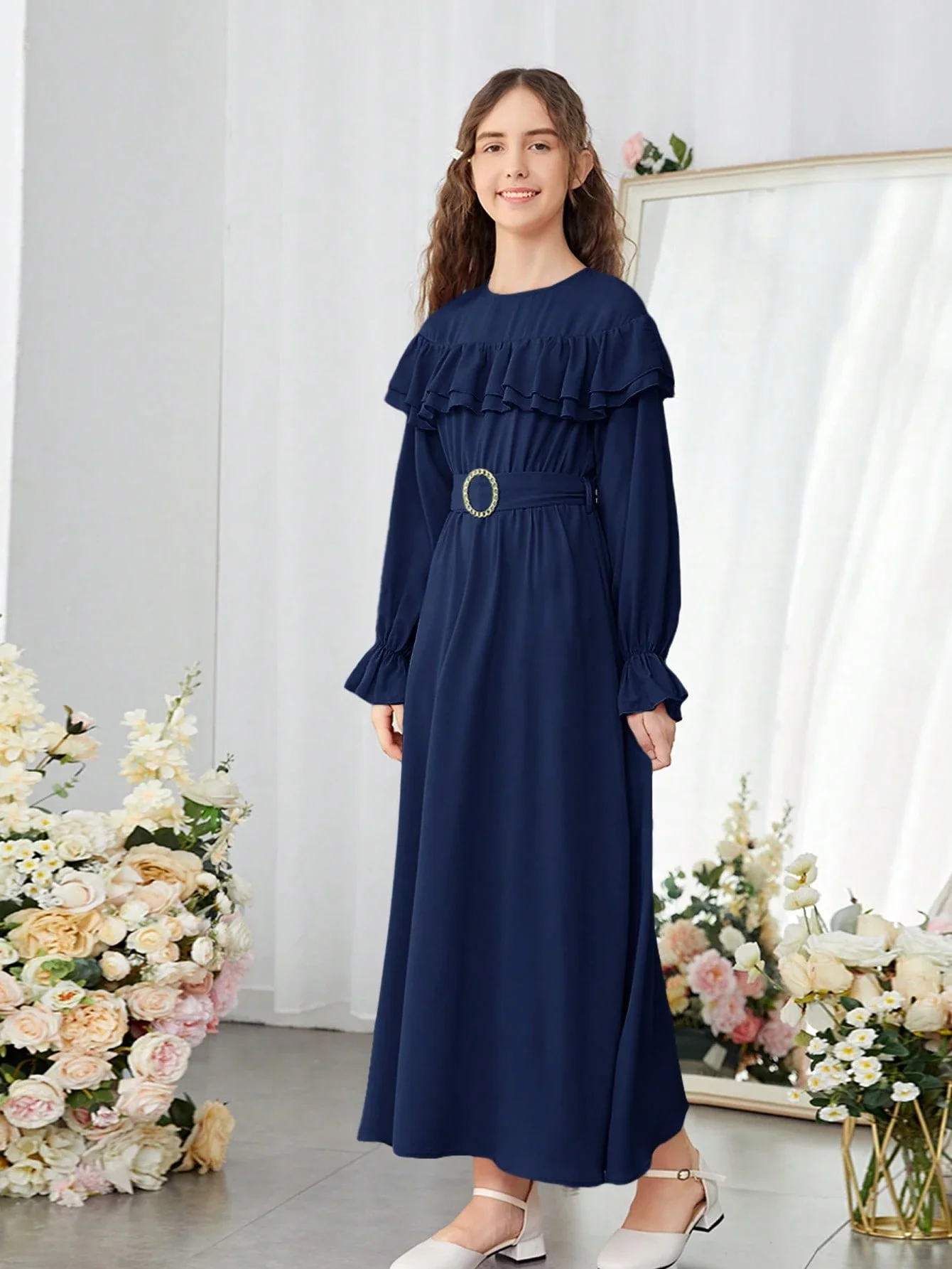 

Navy Blue Solid Long Sleeve Ruffle Trim Maxi Dress With Belt