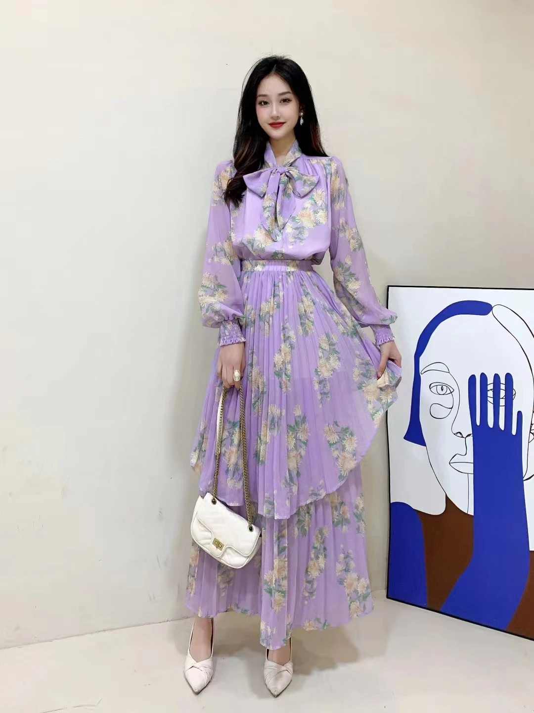 New Spring Autumn Women Sweet Floral Skirt Suits Long Sleeve Chiffon Shirt And Double layered Pleated Long Skirt Two Piece Set