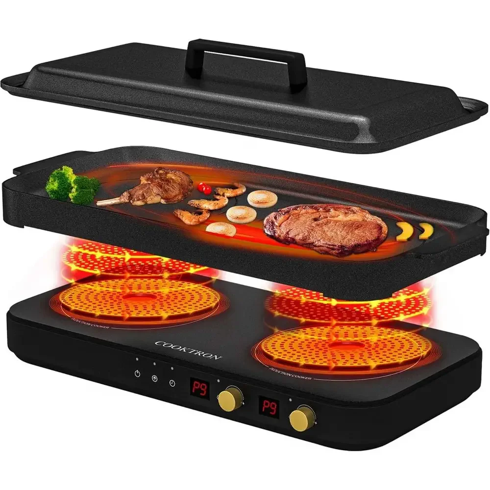 

PopularDual-Burner Portable Induction Cooktop with Detachable Cast Iron Griddle, 1800W, Non-stick, Safety Lock, Time Feature - I
