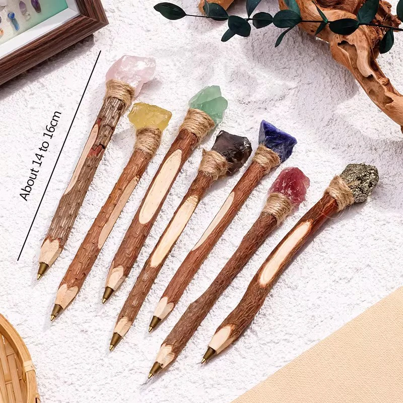 

Natural crystal raw stone pen, eco-friendly wooden ballpoint pen, original wood crystal handicraft scepter signature pen
