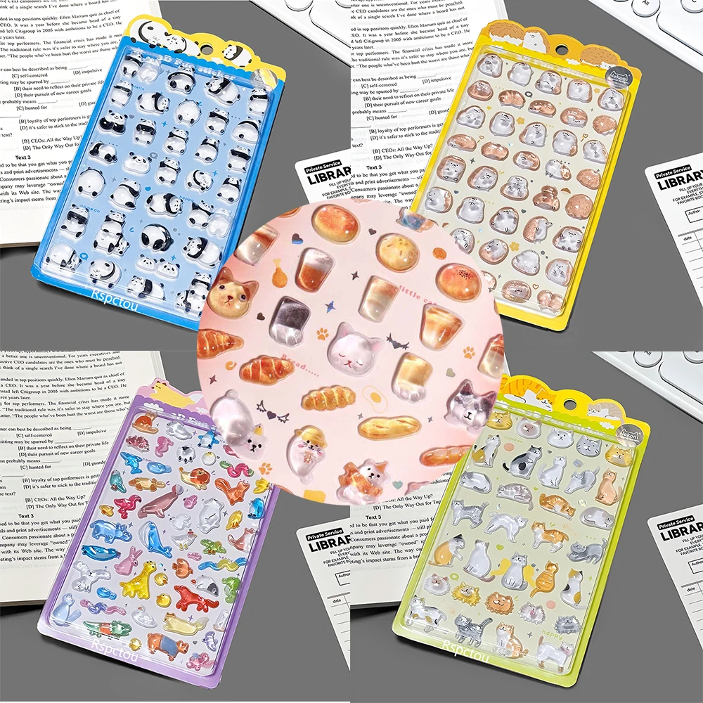 

1PCS Kawaii Cartoon Animal 3D Crystal Relief Stickers Cute Panda Bread Cat Sticker Fridge Notebook Phone Funny Decals Toys Gift