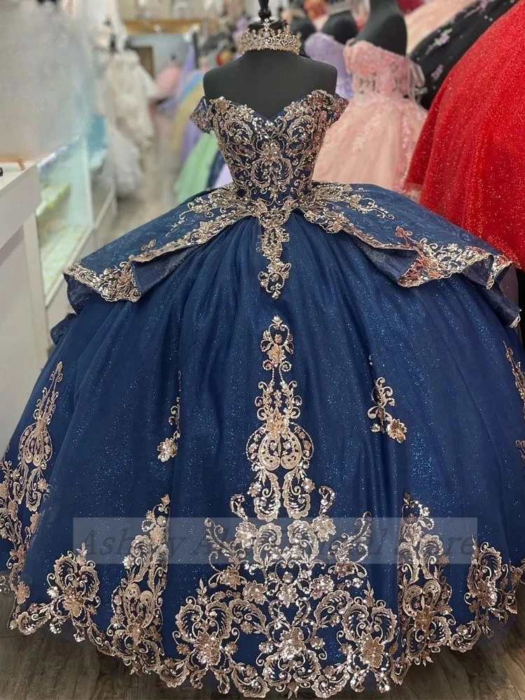 Vestidos de quinceañera azul marino con imagen Real de Arabia Saudita, falda hinchada con apliques de encaje y cuello en V para niña 16, ropa de fiesta de cumpleaños y graduación