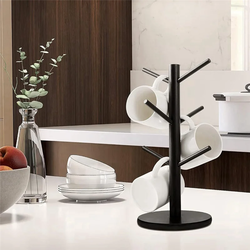 AB15-Soporte para tazas de café de bambú con 6 ganchos, árbol para tazas negro con Base gruesa, estante de almacenamiento para mostrador