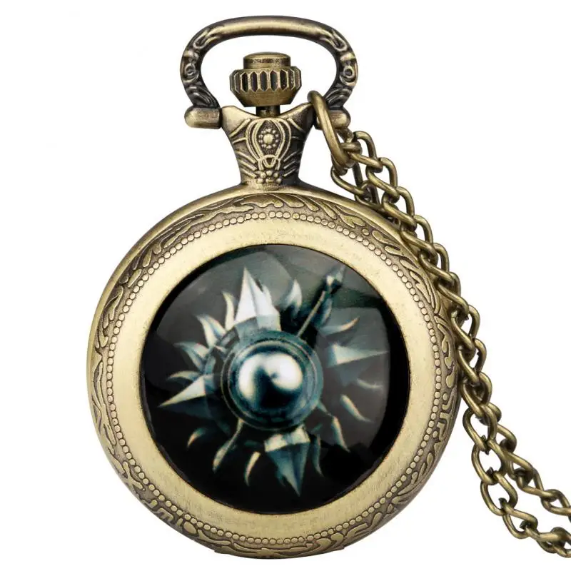 Medium Size Sunspear Ontwerp Unbowed Opengevouwen Unbroken Motto Dome Ketting Quartz Zakhorloge Anime Klok Ketting Hanger Horloges