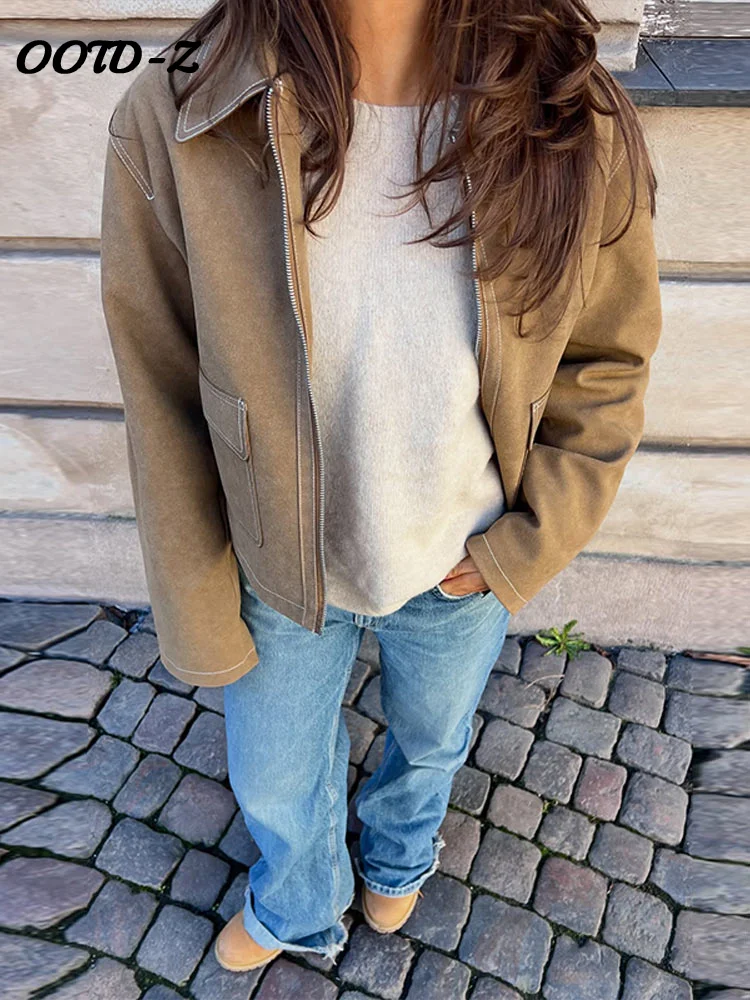 

Повседневные женские короткие куртки, свободные отложные воротники на молнии, пальто с длинными рукавами и карманами, женские весенние пальто 2024, женская верхняя одежда для поездок на работу