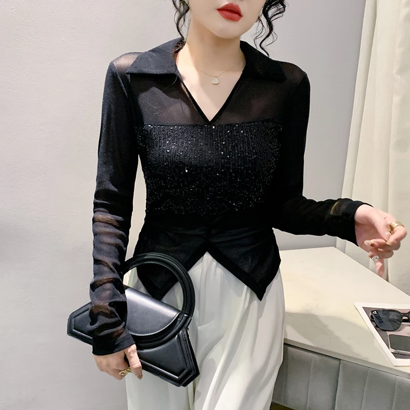 2024 Spring Summer Black Mesh T-shirt Women Sequined Stretchy Tees T Shirts Girl Polo V Neck Irregular Hem Split Top