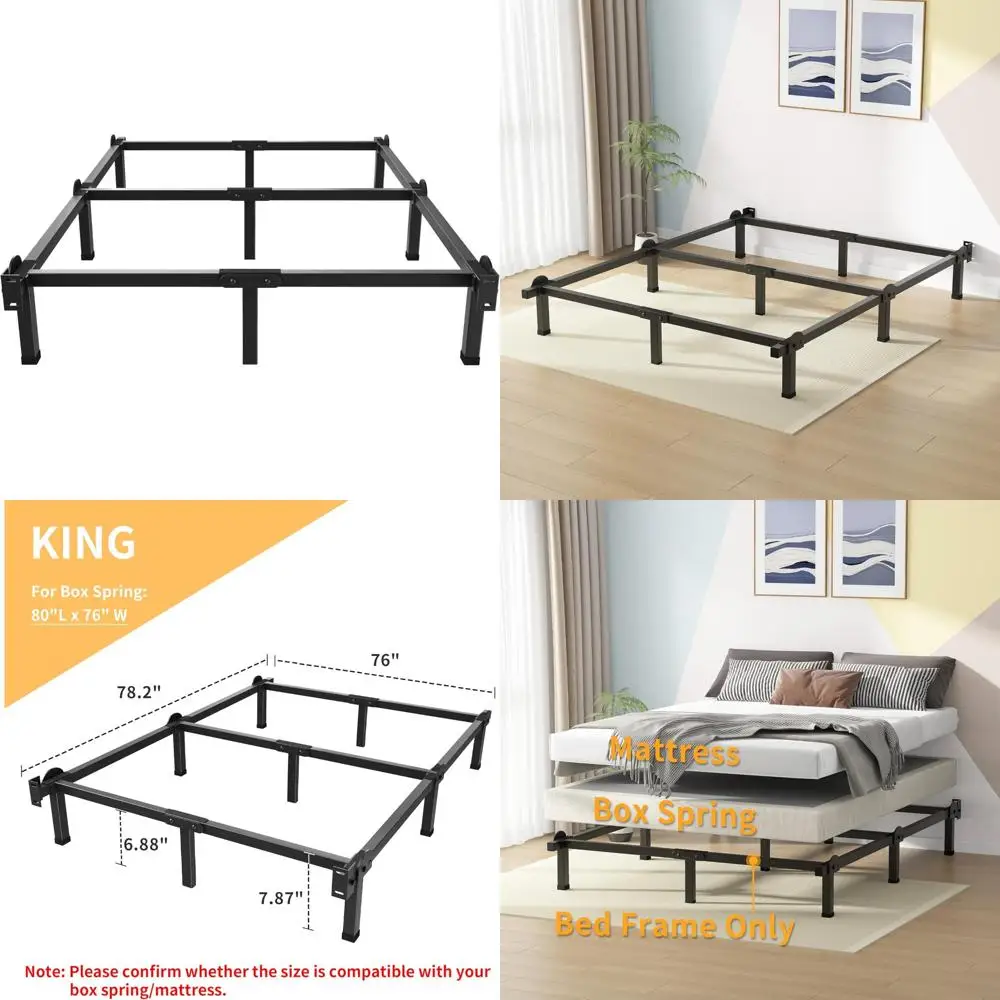 إطار سرير معدني بحجم كينج مع دعم 9 أرجل، ارتفاع 8 بوصة لصندوق زنبرك ومرتبة، سهل التجميع، لمسة نهائية سوداء