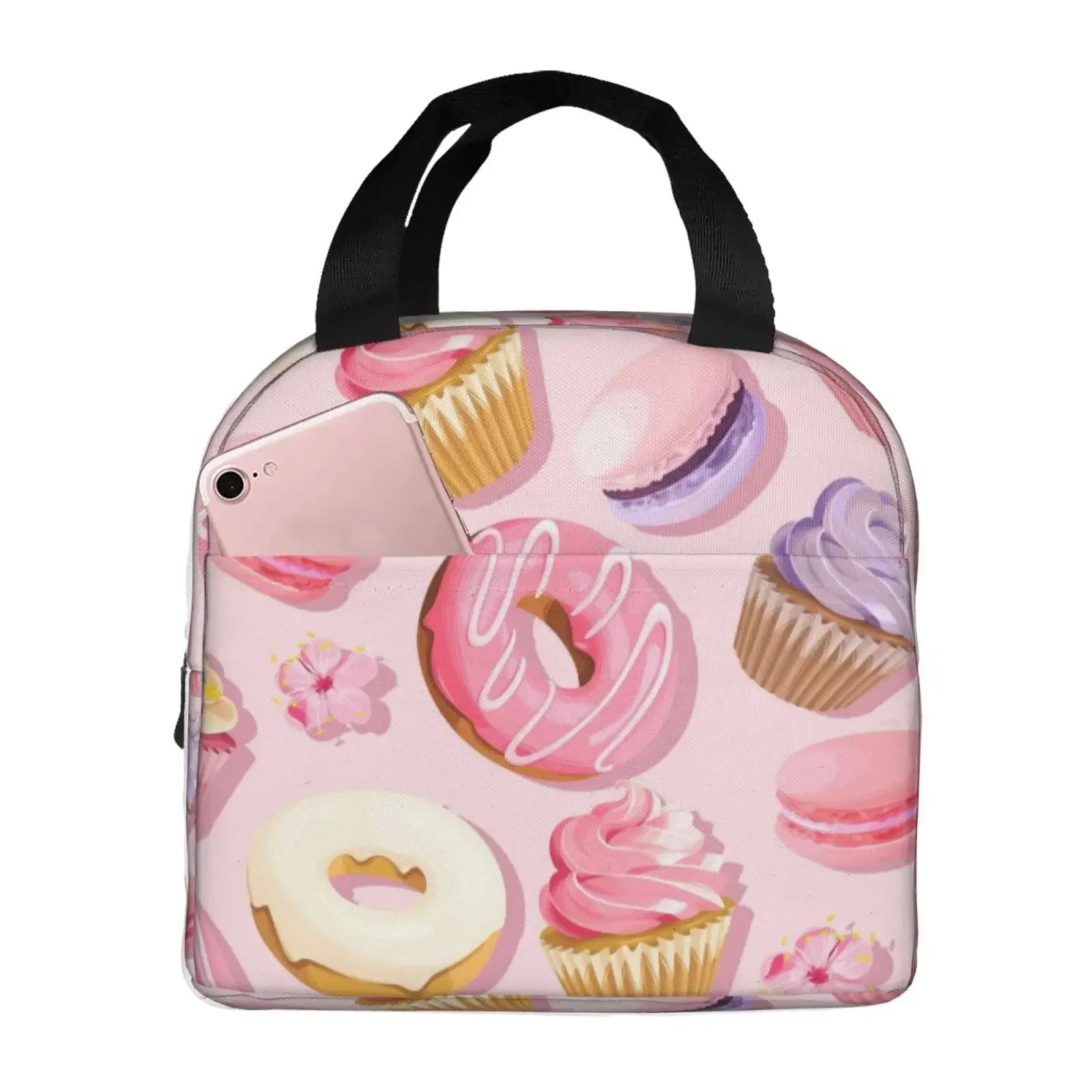Pink Macaron Cupcakes and Donuts Insulated Lunch Box Leak-proof Thermal Cooler Lunch Bag for Men Women Kids Work Trip Picnic