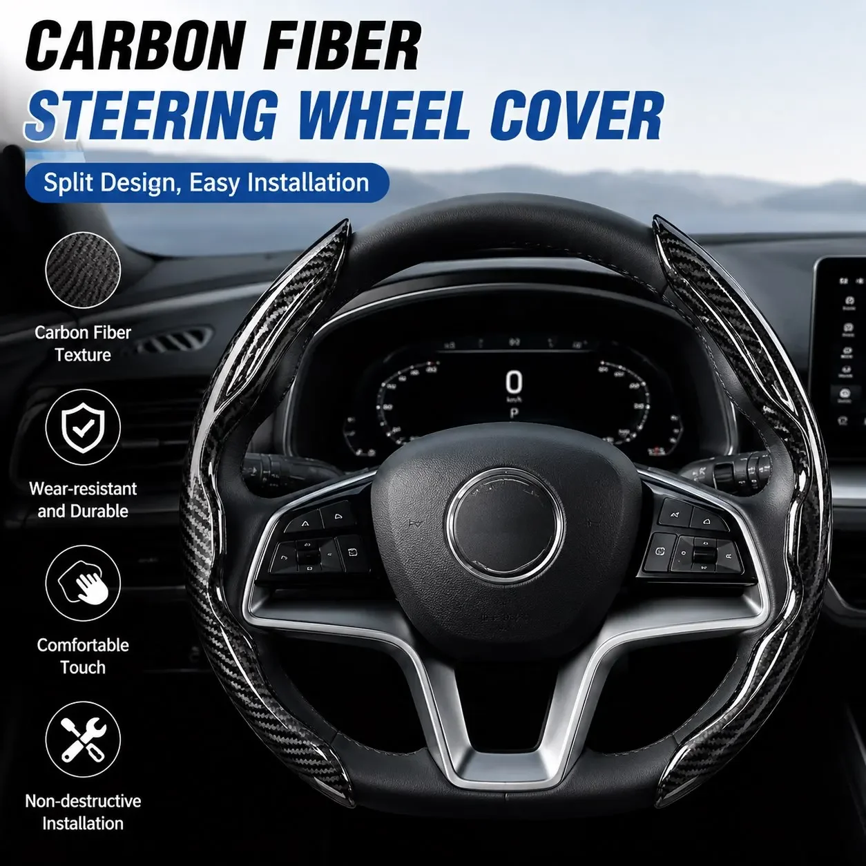 2pcs Carbon Fiber Pattern Segmented Steering Wheel Cover No-Slip Grip Protector  Cover Car Interior Accessories