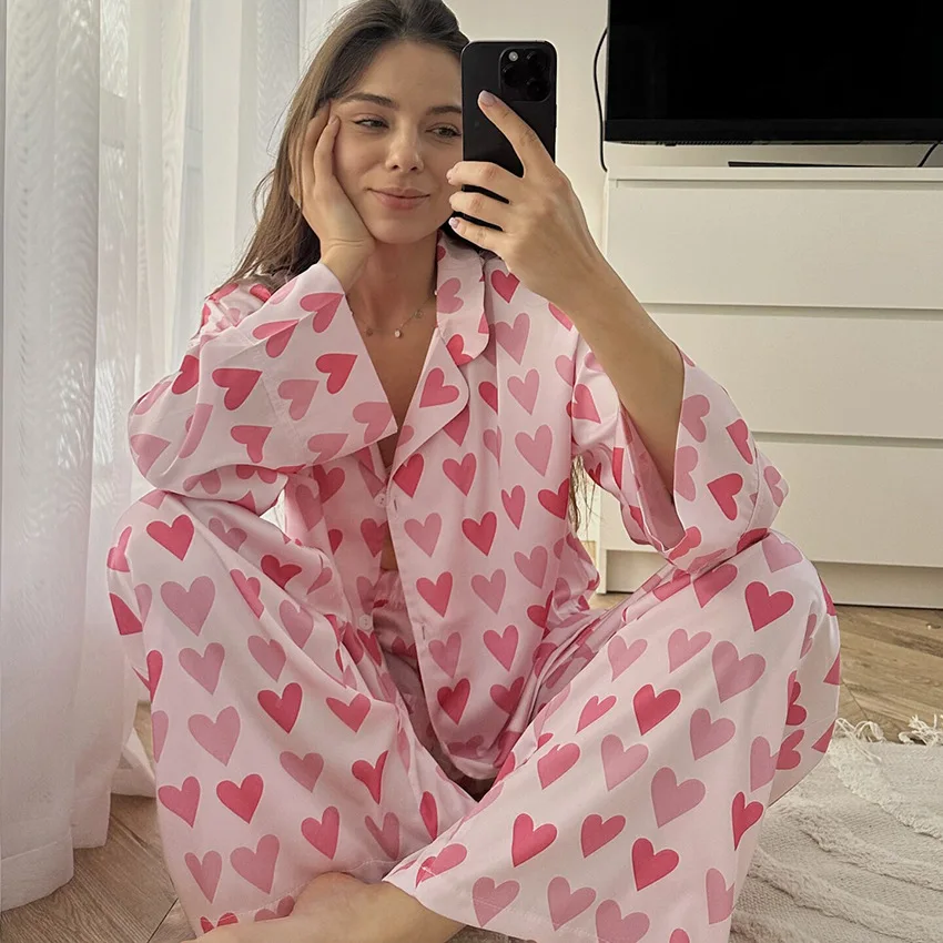 

Женский пижамный комплект с принтом Love, сексуальная пижама с лацканами, пижамы с длинными рукавами, брюки, повседневный женский пижамный комплект