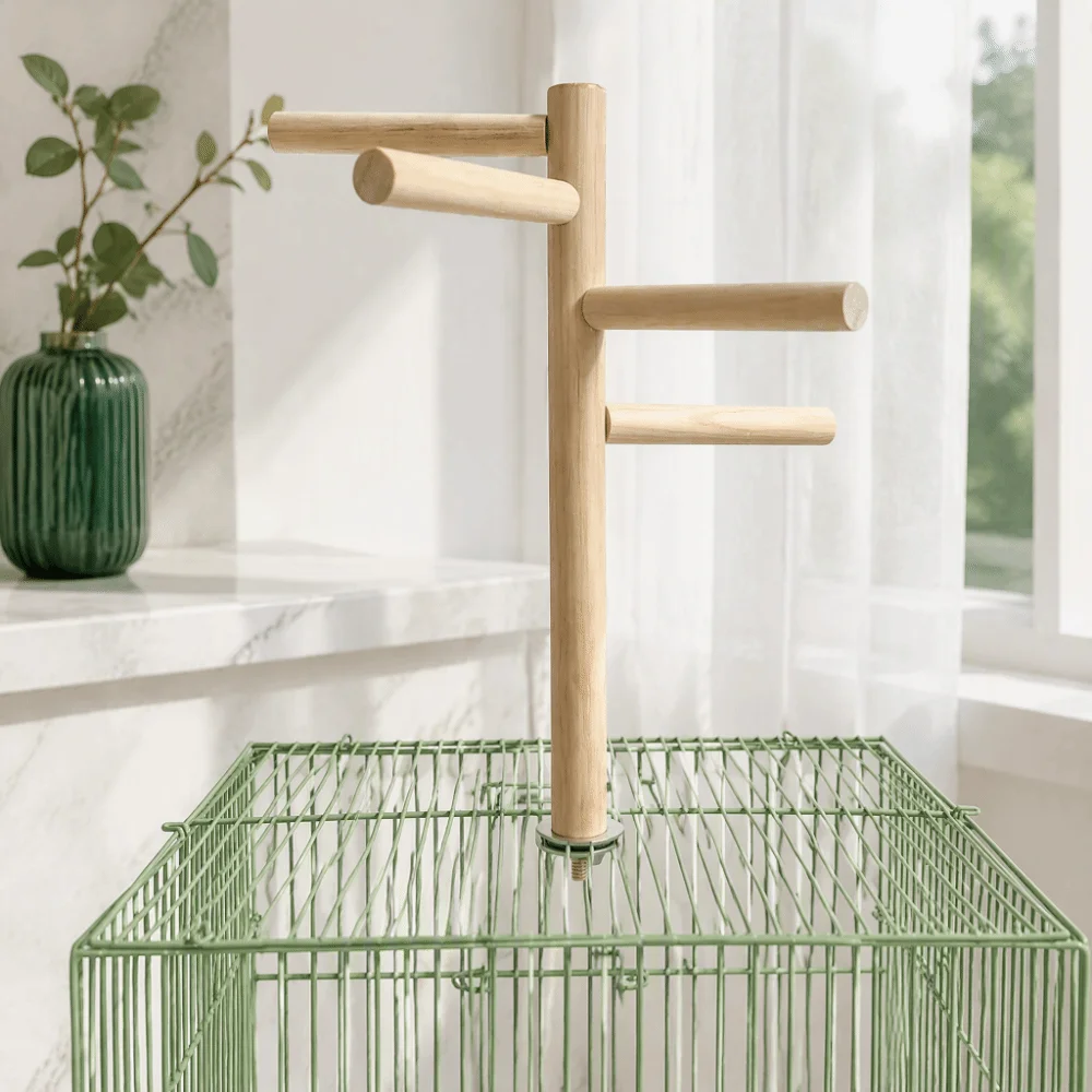 Wood Bird Perch Stand Rotatable Assembly Four Horizontal Poles Bird Cage Perch Metal Bolt Fittings Bolt Mount Connection