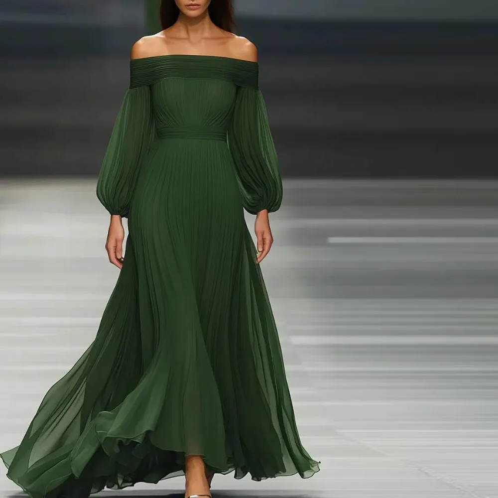 Customized Boat Neck High Lpw Prom Dresses Off the Shoulder Lantern Sleeve Formal Evening Dress Flowy Chiffon Summer Maxi Dress