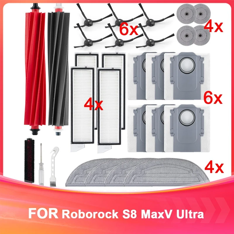 

A26T-Accessories Kit For Roborock S8 Maxv Ultra Robot Vacuum,Main Brushes,Dust Bags, Mop Cloths, Filters,Side Brushes
