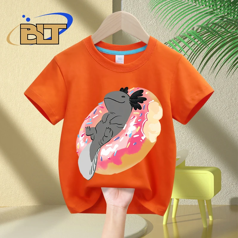 Camiseta infantil de manga curta, vermelha, Axoll, desenho animado estampado, fofo, tops casuais para crianças, meninos e meninas, verão