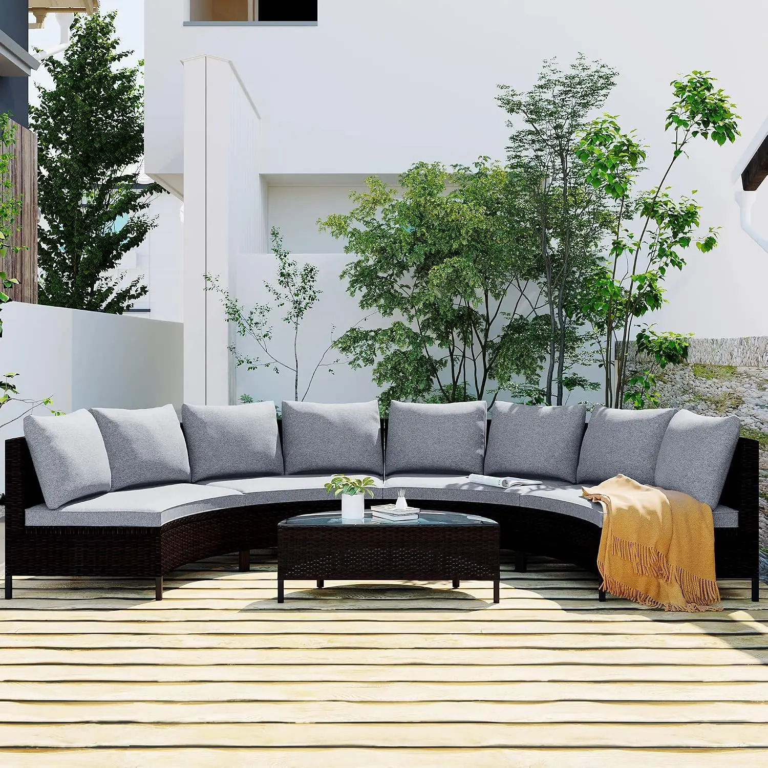 Wicker Rattan Patio Set with Half-Moon Glass Table, 5-Piece Outdoor Sectional Sofa with All-Weather Cushions, Customized