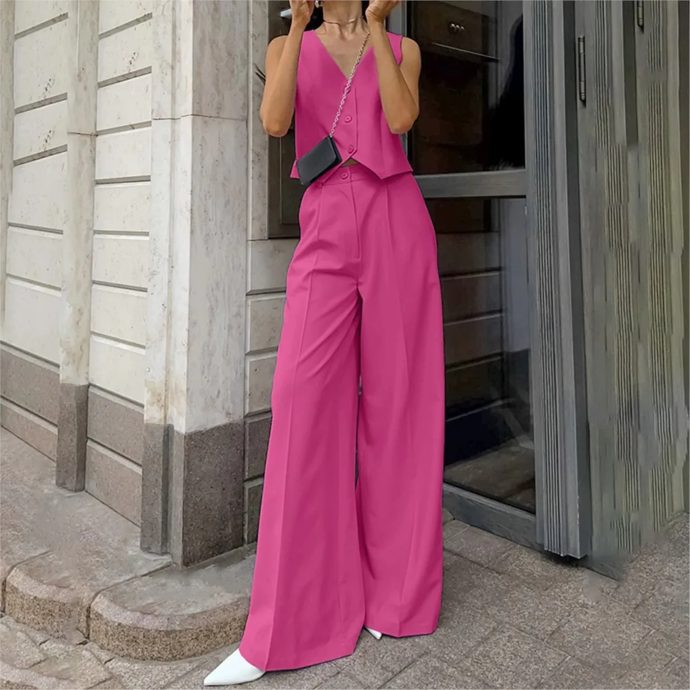 Spring And Summer Fashion V-neck Vest Pants Women\'s Set High-waisted Wide Leg Pants Casual Female Office 2 Piece Set 2024