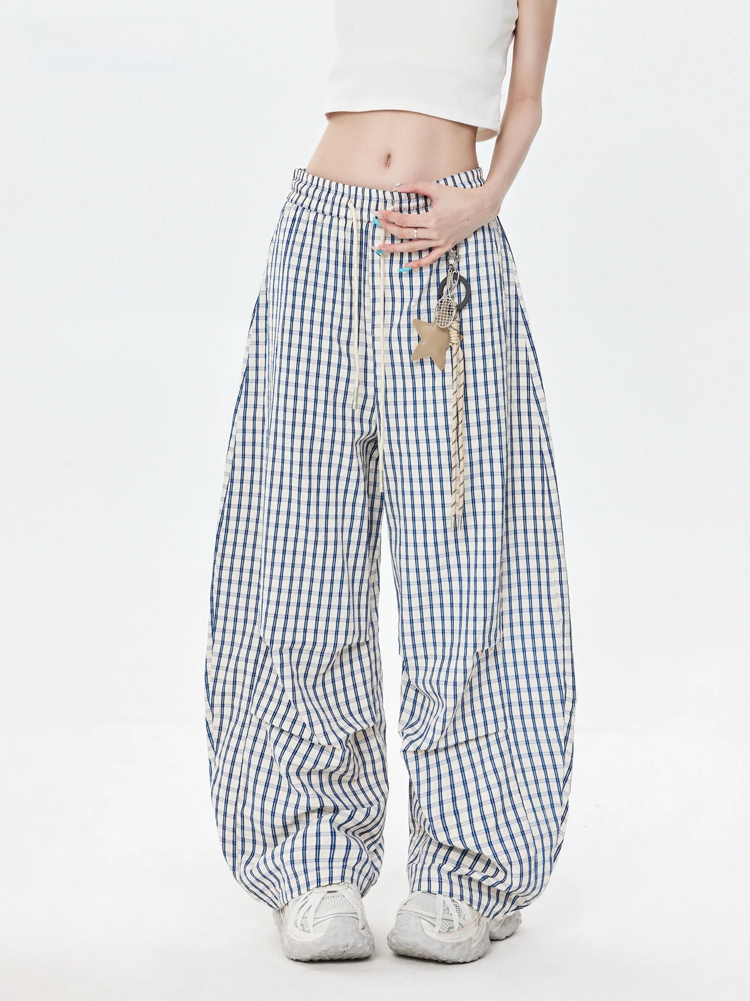 

Синие повседневные брюки в клетку для женщин, свободные, широкие, с эластичной талией, в стиле lazy, уличный стиль, простой узор, смесовая хлопковая ткань