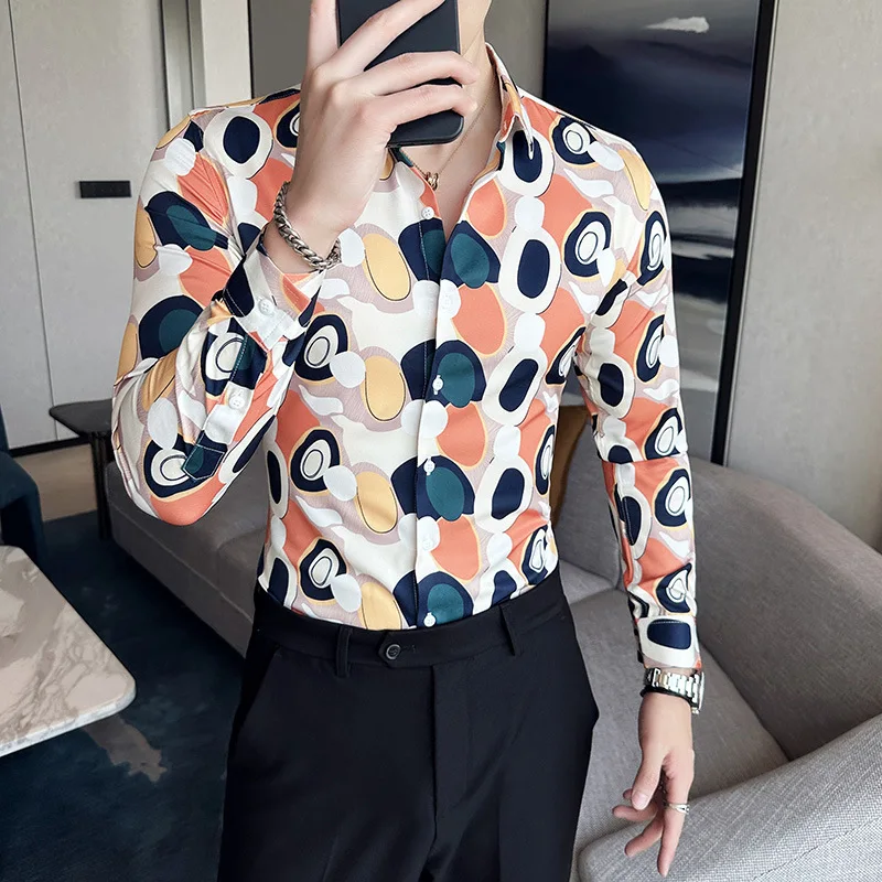 2023 Summer Art Dot Printing Shirts Men Slim Fit Casual Shirts High Quality Social and Business Formal Shirt Party Tuxedo Blouse