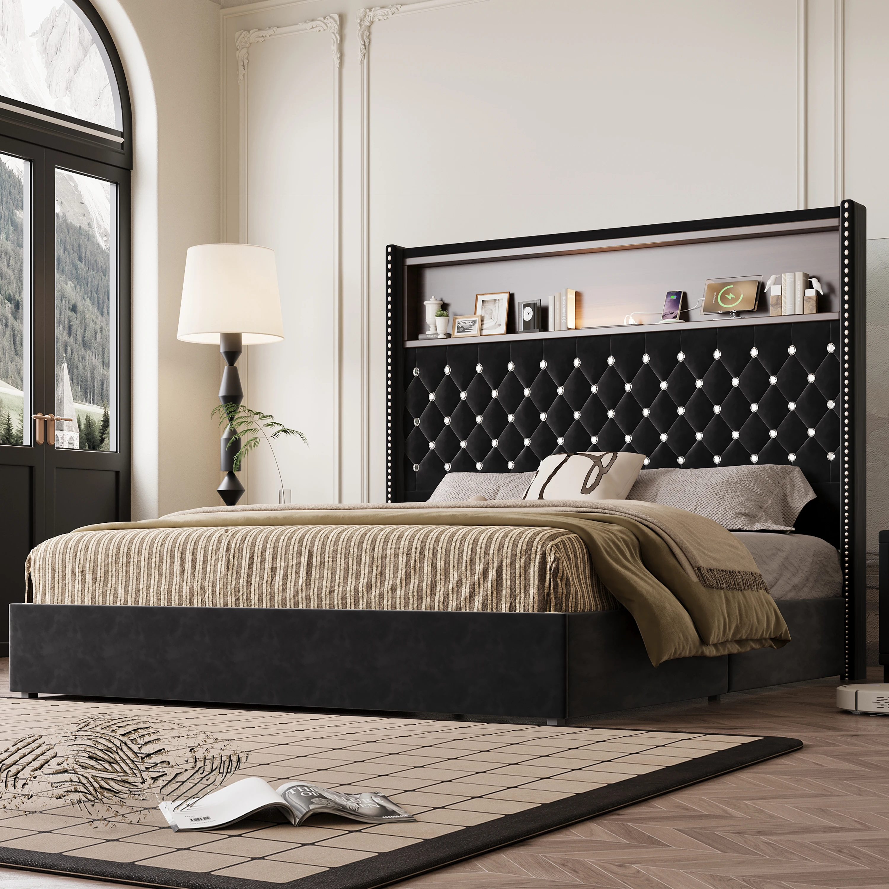 #Modern Queen Size Adjustable  Storage Bed Frame With USB Port And Night Light 52'' High Headboard Rivet Decoration