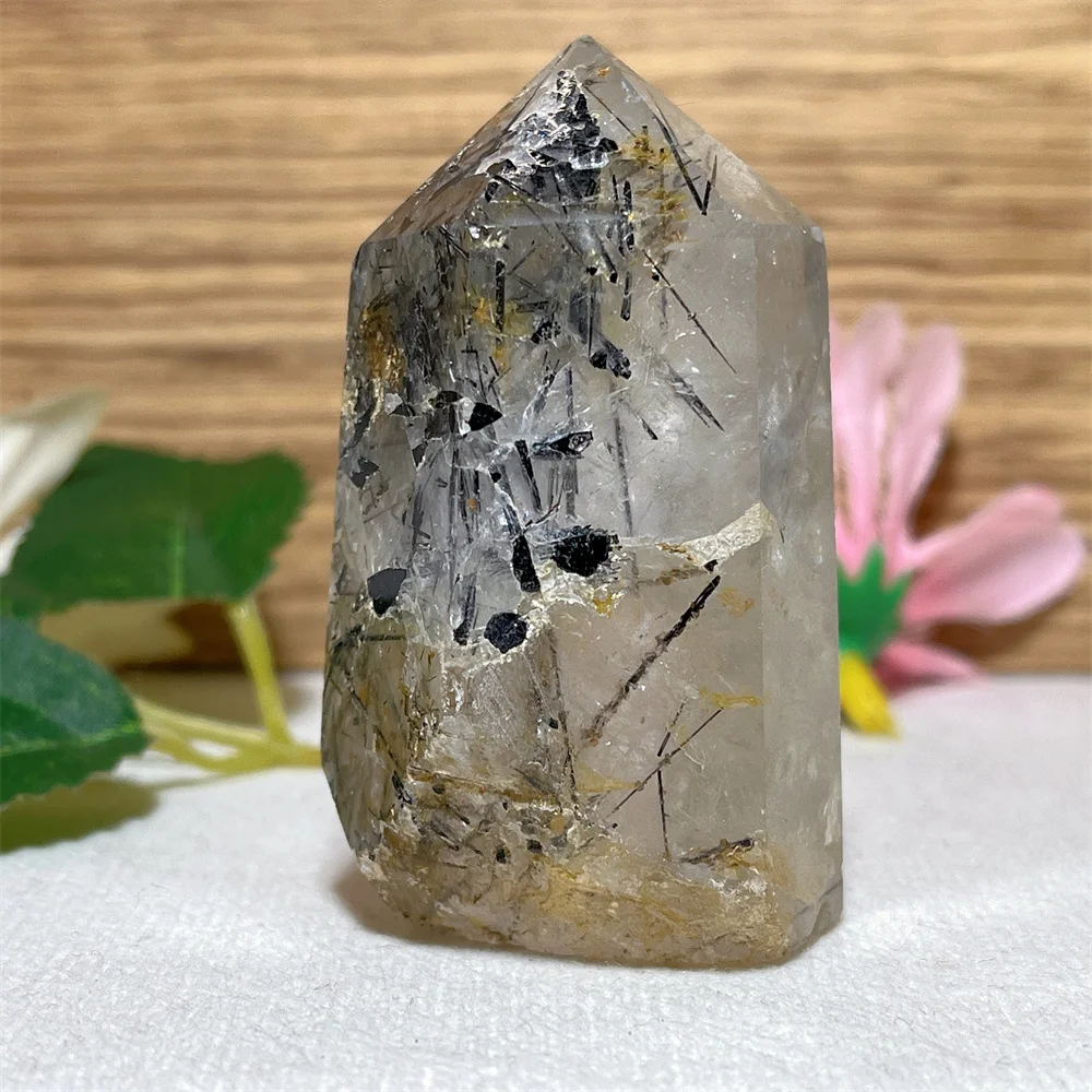 Tourmaline Hair Balck Tower Point Wand Stone Quartz  Reiki Gemstone Flash Rainbow Healing Mineral Witchcraft Home Decoration