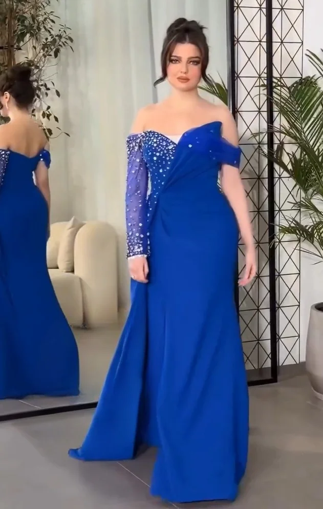 Azul V Neck Cristal Manga Longa Vestidos de Baile, Plissado Beading, Vestidos de Noite Formais Chiffon, Fenda, Mulheres Árabes, 2020