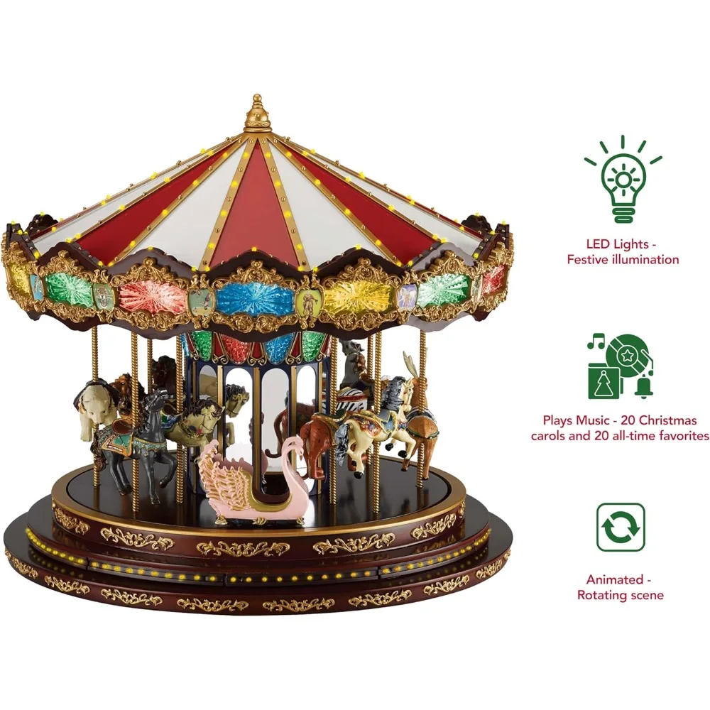 Karuzela świąteczna Marquee Deluxe, muzyczna, animowana, dekoracja świąteczna, światła LED, gra 20 melodii, 38 cm, wielokolorowa