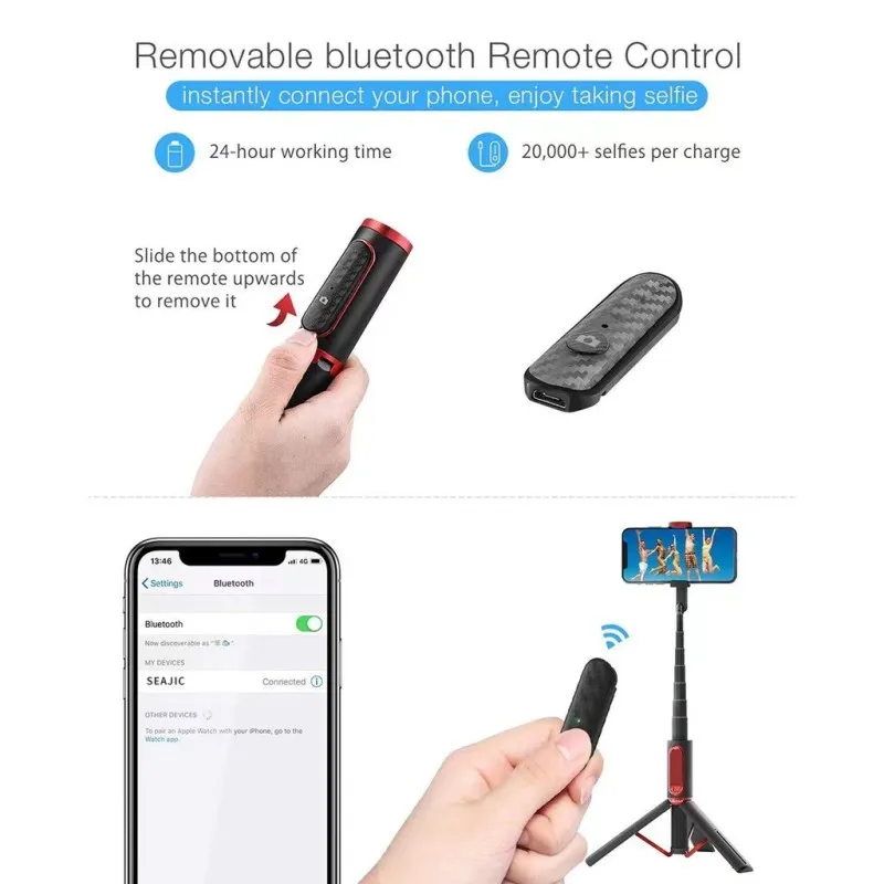 Imagem -03 - Tripé Dobrável com Selfie Stick Extensível Remoto Rotação de 360 ° sem Fio Bluetooth Suportes Universais do Telefone Móvel