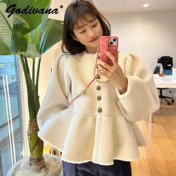 Japanese Style Ruffled Hem Sweet Single-Breasted Long Sleeve Lambswool Coat Autumn and Winter Women's Short Jackets