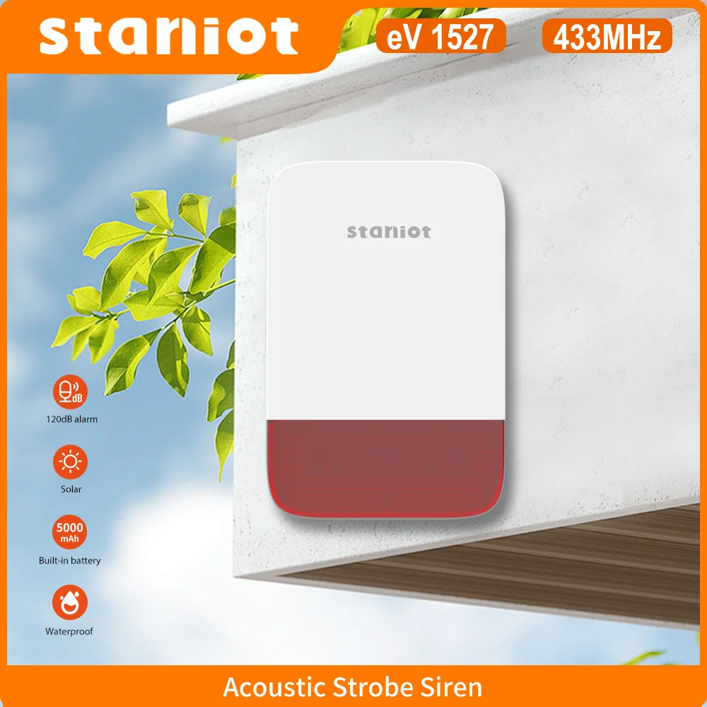 Staniot Sirena stroboscopica wireless 120dB Alto decibel Supporto impermeabile per interni/esterni Carica pannello solare Batteria incorporata da