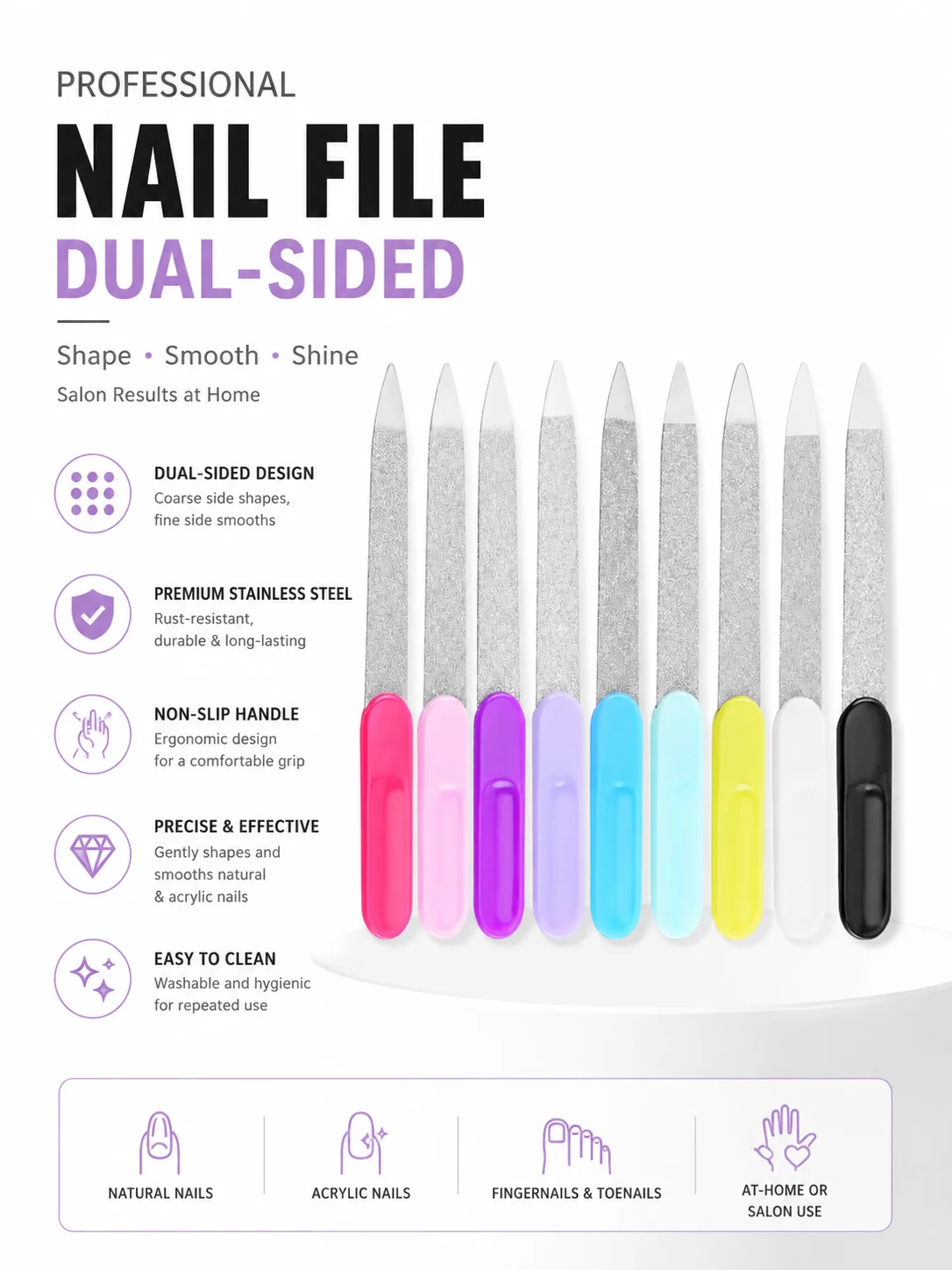Manicure Stainless Steel Nail File, Double-Sided Dual-Use Nail File with Non-Slip Handle, Frosted Nail Polishing Strip
