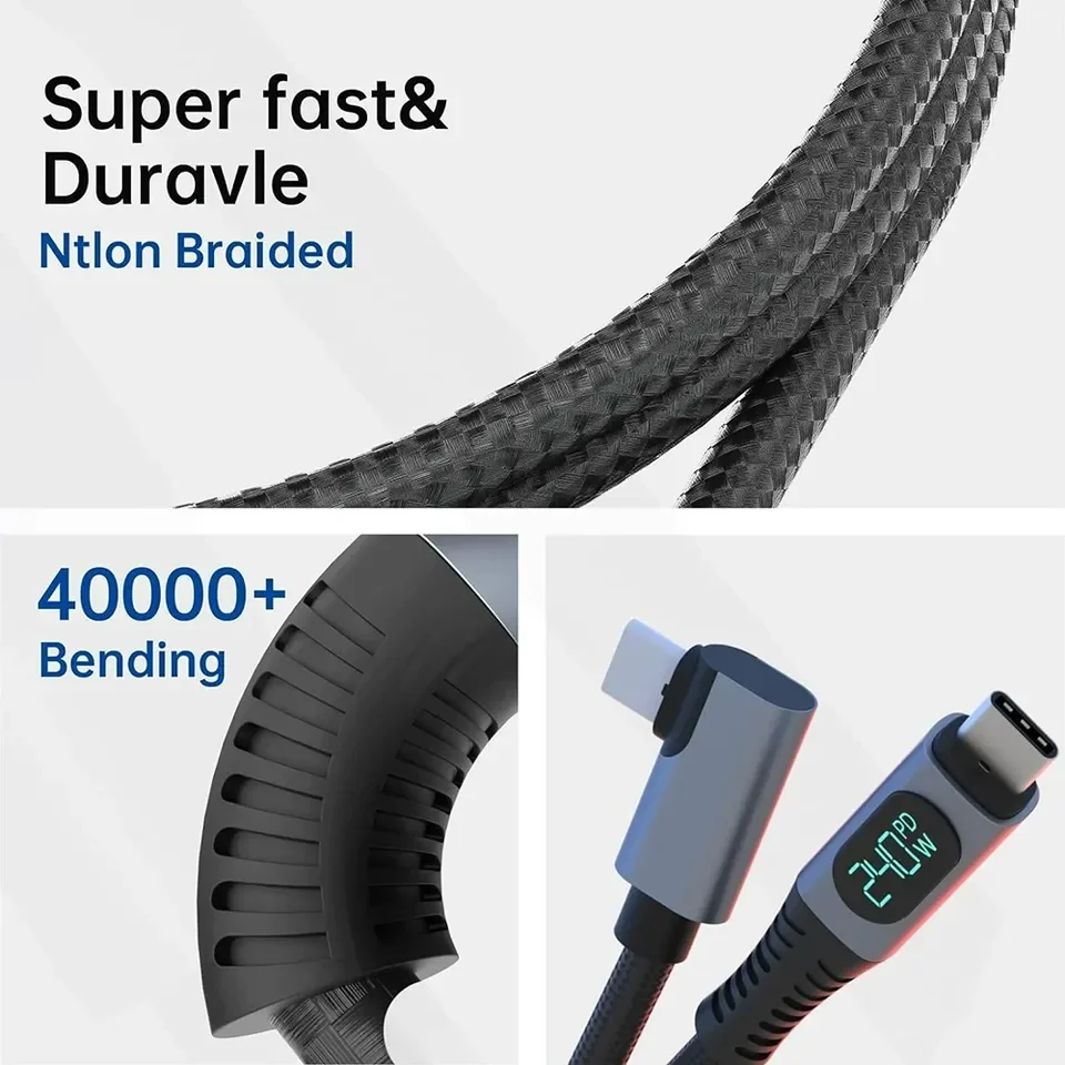 USB4 Type-C 240W Fast Charging Cable With LED Digital Display 8K@60Hz 40Gbps Data Transfer 1M Braid Cord for Laptop Docking Hub