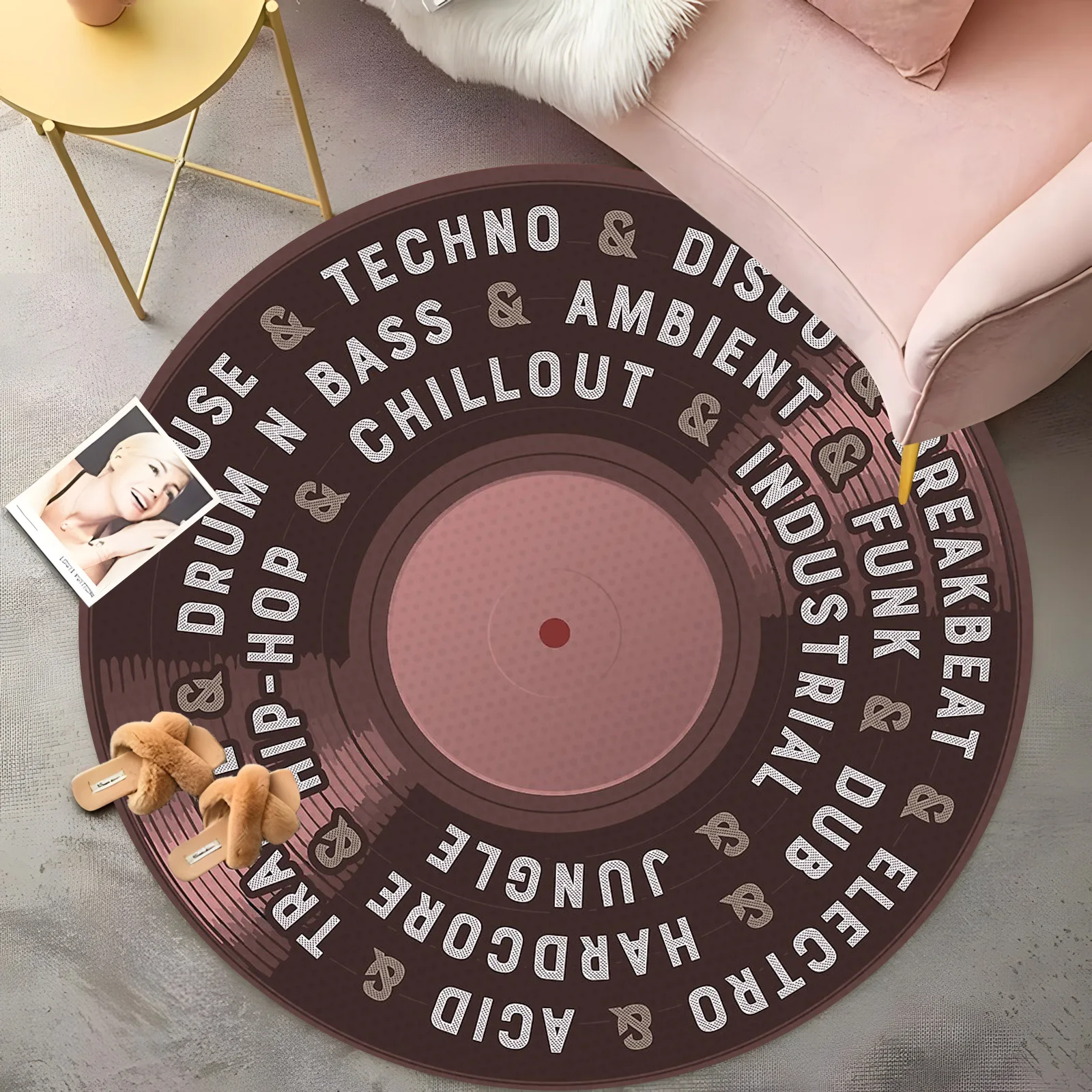 Electronic Music Genres Round Rug - Techno/House/Hip-Hop Vinyl Design, Pink & Black DJ Carpet, Non-Slip Music Lover Floor Mat
