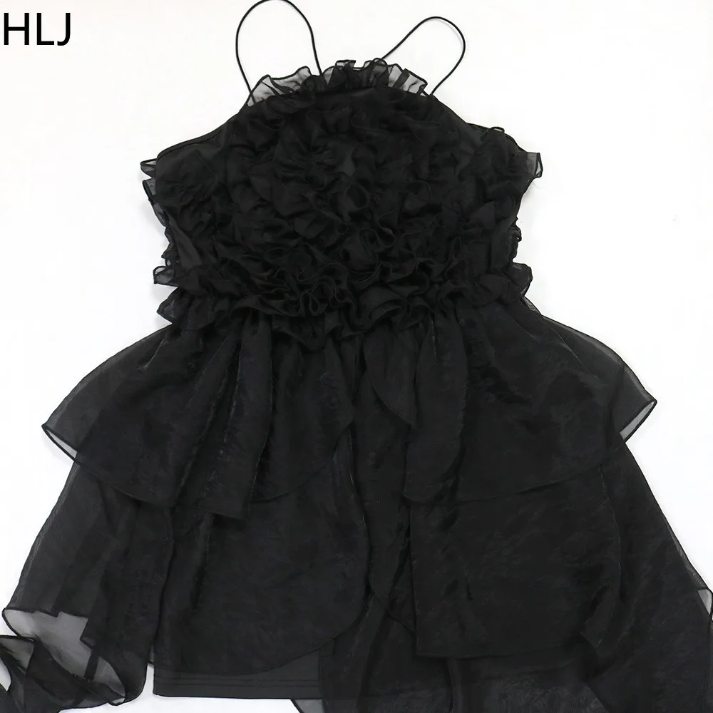 HLJ Fashion Solid Ruffle Halter Party Club Suspenders Dress Women Sleeveless Backless Irregular Tassel Vestidos Female Clothing