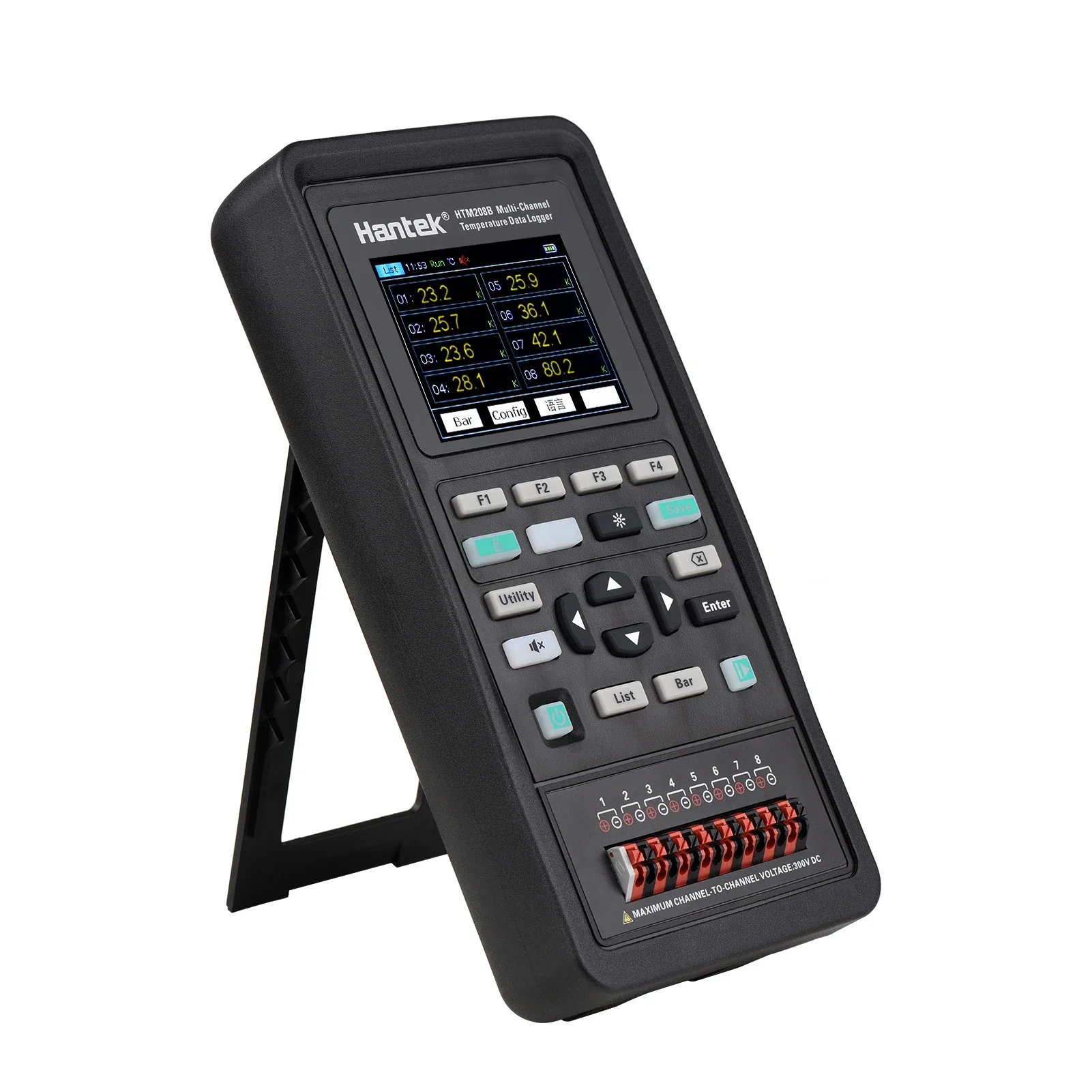 Hantek HTM208B Testador digital LCD de 2,8 polegadas Registrador de dados de temperatura de 8 canais Instrumento de gravação de temperatura recarregável