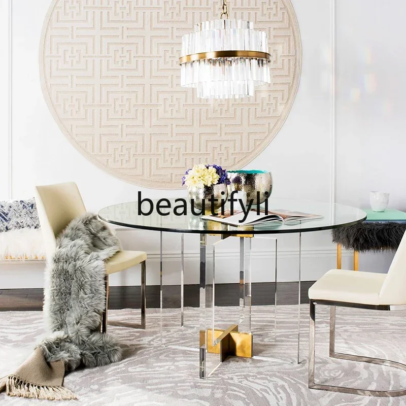 

High transparency acrylic round dining table transparent plexiglass dining table modern stainless steel metal household table