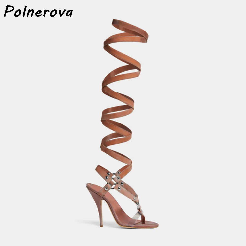 Brown Suede Spiral Wrap Sandals Metal Rivet Gladiator Thong Toe Thin Heels Shoes Over-The-Knee Lace-Up Solid Women Summer Shoes