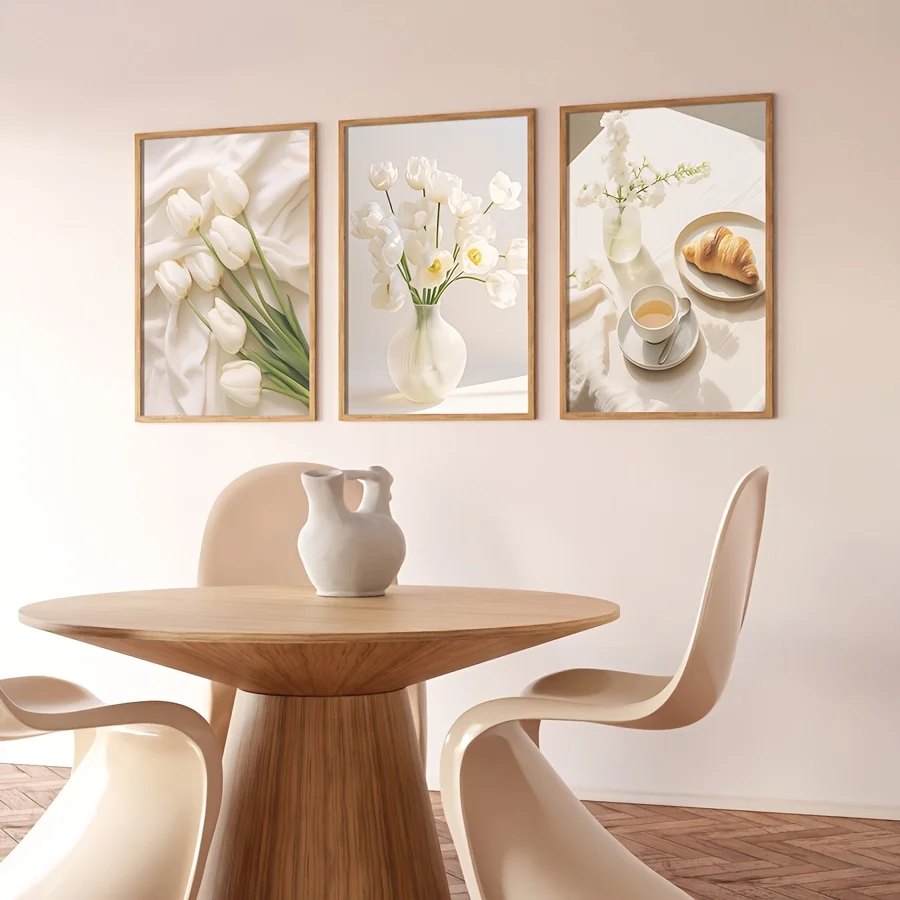 White Tulip Flower Canvas Wall Art Elegant Floral Vase Coffee Croissant Prints Minimalist Modern