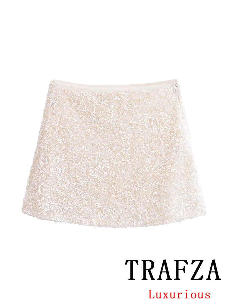 TRAFZA Basics Simple Chic Women Skirt Sequins White Mid-waist Zipper Mini Skirt Fashion 2025 Spring Summer Office Lady Skirts