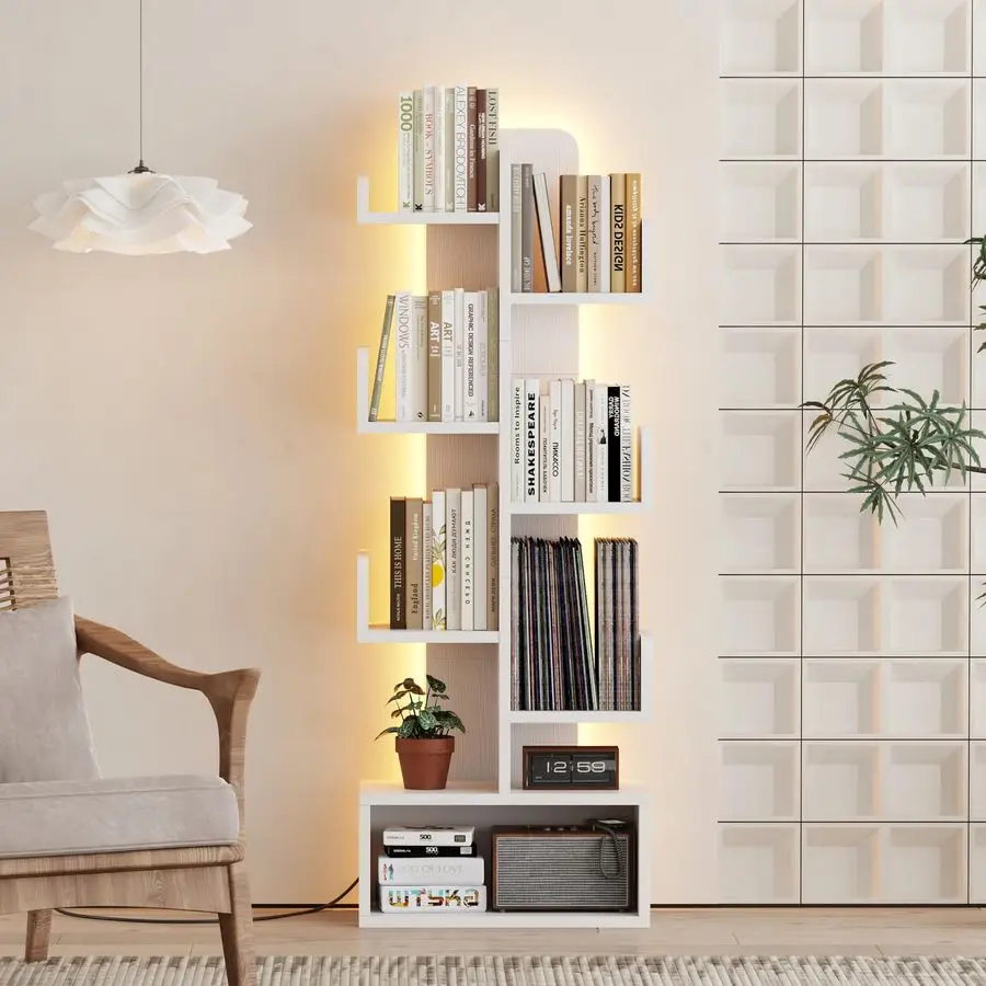 

Tier Book Shelf with LED Lights, Floor Standing Bookshelf, Classical Corner Kids Bookshelf, Tall Wood Book Storage for Bedroom,