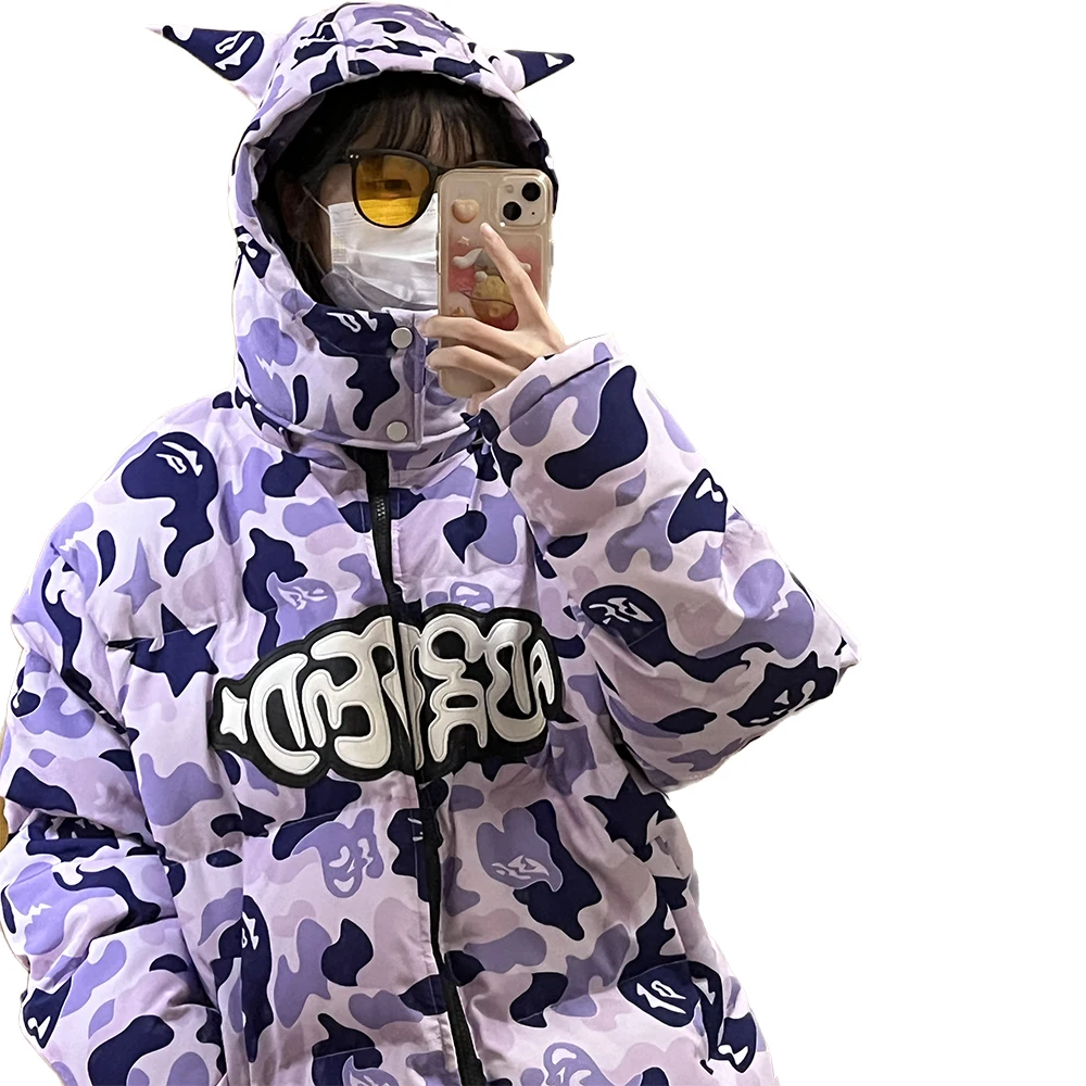 2022 Men Parka Jacket Hip Hop Streetwear Little Devil Designer Hood Padded Jacket Coat Harajuku Winter Cotton Thick Warm Outwear